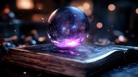 Mystical crystal ball with glowing purple galaxy inside rests on ancient spell book, surrounded by magical bokeh lights and ethereal atmosphere.