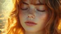 Young woman with freckles and closed eyes in golden sunlight, natural ginger hair glowing in backlight, peaceful serene expression and coral pink lips.