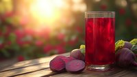 Fresh beetroot juice in glass with sliced beets on wooden table at sunset. Healthy organic vegetable drink for detox and wellness lifestyle.