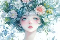 Ethereal watercolor portrait with floral crown featuring pink carnations, white daisies, and turquoise foliage against soft white background. Delicate fantasy art style.