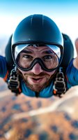 Skydiver in blue helmet and goggles giving thumbs up during freefall with landscape below. Extreme sports adventure and adrenaline rush concept.