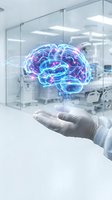 Doctor hand holding holographic brain with neural networks in modern medical facility for neuroscience research and healthcare innovation.