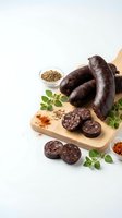 Dark blood sausage slices on wooden cutting board with herbs and spices for gourmet cooking and traditional cuisine preparation.