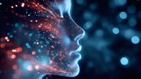 Ethereal female profile dissolving into glowing particles against dark background with blue and red bokeh lights creating magical atmospheric effect.