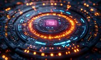 Futuristic circular technology interface with glowing orange and blue elements radiating from central processor chip, creating dynamic depth and energy flow pattern.