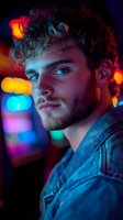 Young man with curly hair in denim jacket illuminated by vibrant neon lights creating dramatic red and blue color contrast against dark background. Atmospheric nightlife portrait.