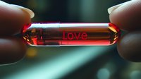 Transparent capsule with glowing red love text held between fingers against blurred background, symbolizing romance and medical concepts for valentines designs.