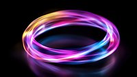 Glowing neon light rings with vibrant pink, blue and yellow colors on black background create dynamic circular motion trails with reflection effect.
