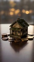 Miniature wooden house model surrounded by coins on dark surface with warm bokeh lights background representing real estate investment and savings concept.