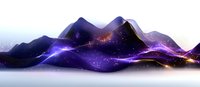 Mystical mountain landscape with glowing purple and orange energy waves flowing through peaks, stars scattered across dark silhouettes against misty background.