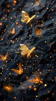 Magical glowing golden butterflies floating against dark textured background with sparkling bokeh lights, perfect for fairy tale illustrations and mystical design projects.