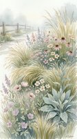 Watercolor wildflower meadow with ornamental grasses, purple coneflowers, poppies and lavender in soft pastel tones for botanical art and home decor.