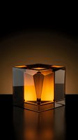Modern glass cube lantern with glowing amber interior light, geometric design with transparent panels and metal frame, contemporary home decor accent.