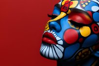 Close-up profile of African woman with vibrant face paint featuring blue, red, yellow abstract patterns and designs against deep red background. Creative makeup art.