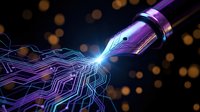 Futuristic fountain pen with glowing purple nib creating digital circuit patterns and light trails on dark background with bokeh lights for creative writing concepts.