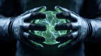 Hands holding glowing green energy orb with electric lightning effect, isolated on dark background for design and digital art projects.