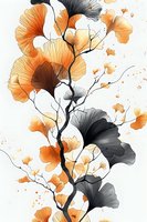 Delicate ginkgo leaves in orange and gray watercolor on white background, flowing botanical composition with subtle ink splashes and graceful branches.