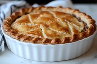 Freshly baked golden pie with lattice crust pattern in white ceramic baking dish, showcasing flaky pastry and traditional homestyle baking on marble surface.