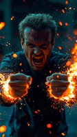 Caucasian male with intense expression and clenched fists surrounded by dramatic fire sparks and embers against dark background, creating powerful emotional atmosphere.