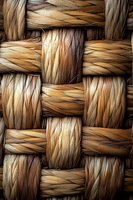 Close-up macro view of woven natural fiber basket texture showing intricate weaving pattern in warm brown and beige tones, suitable for background design.