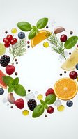 Fresh fruits berries herbs arranged in circular frame with white center space for text on light background for healthy food design projects.