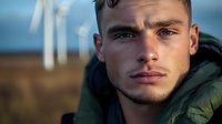 Young handsome Caucasian man in green jacket portrait with wind turbines background renewable energy concept outdoor lifestyle sustainability.