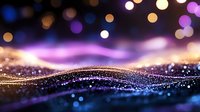 Glowing abstract wave of sparkling particles with purple and gold bokeh lights on dark background, magical flowing motion effect for luxury designs.