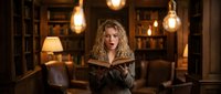 Young blonde woman reading ancient book in cozy library with warm Edison bulb lighting and wooden shelves creating atmospheric scholarly environment.