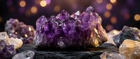 Purple amethyst crystal cluster on dark slate surface with warm bokeh lights creating mystical atmosphere for meditation and healing practices.