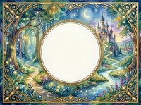 Enchanted fairy tale frame with castle, moonlit forest, and river. Golden ornate border with circular copy space for text or design.