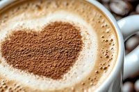 Heart shape made with cocoa powder on top of creamy cappuccino foam in white ceramic cup, with coffee beans in background. Close up view for cafe menu.