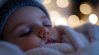 Peaceful newborn baby sleeping in cozy knit hat with warm bokeh lights creating dreamy nursery atmosphere for parenting and childcare content.