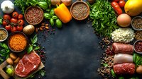 Fresh ingredients frame dark slate background with raw meat, colorful vegetables, herbs, spices, and grains creating circular food border composition for cooking preparation.