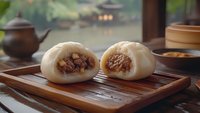 Two steamed dumplings with meat filling served on wooden board in traditional Asian kitchen setting. Culinary food photography for restaurant menus and cooking content.