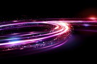 Glowing spiral light trails with purple and pink neon streaks against dark background create dynamic motion effect for technology and communication designs.