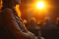 Young woman in cozy sweater enjoying warm golden sunset light with peaceful contemplative mood and soft bokeh background for wellness content.