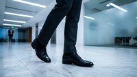 Close-up of male professional wearing black formal shoes and dark trousers walking across modern office lobby with polished floor. Corporate business environment.