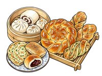 Steamed dumplings in bamboo basket with baked buns and pastries on wooden board, isolated on white background for food design projects.