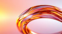 Flowing liquid metal curves in copper and gold tones against soft gradient background create dynamic abstract composition with glossy metallic surface.