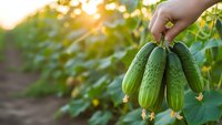 Hand holding fresh organic cucumbers in sunny vegetable garden during harvest season with green plants and warm golden sunlight in background.