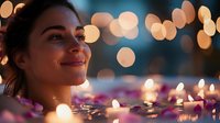 Young Asian woman smiling with glowing candlelight and bokeh lights creating magical evening atmosphere. Rose petals float on water surface adding romantic ambiance.