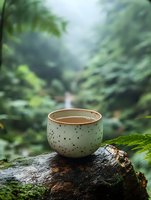 Ceramic spotted teacup with hot beverage on mossy log in misty forest environment, green foliage background creates serene natural atmosphere.