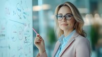 Young Caucasian businesswoman in glasses and beige blazer pointing at whiteboard with mathematical formulas and equations in modern office environment.