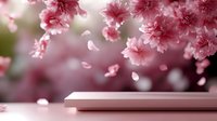 Pink cherry blossom flowers with falling petals over empty product display platform for spring seasonal marketing and promotional campaigns.