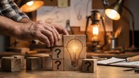 Male hands arranging wooden blocks with question marks and lightbulb symbol on workshop table, representing problem-solving and creative thinking process.