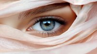 Blue eye with long lashes framed by soft pink fabric creating elegant opening. Close-up beauty portrait for skincare, cosmetics and fashion concepts.
