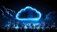 Glowing digital cloud over night city skyline with blue neon effect, modern technology concept representing cloud computing and smart urban infrastructure.