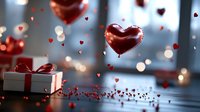 Red heart shaped balloons floating with gift box against blurred bokeh lights background, romantic Valentine's day celebration atmosphere with scattered hearts.