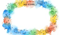 Colorful watercolor back to school frame with educational supplies and stationery items creating oval border for text and design projects.