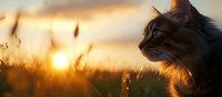 Side profile of tabby cat watching sunset through tall grass in golden hour light, creating atmospheric nature scene with warm backlighting and bokeh effect.